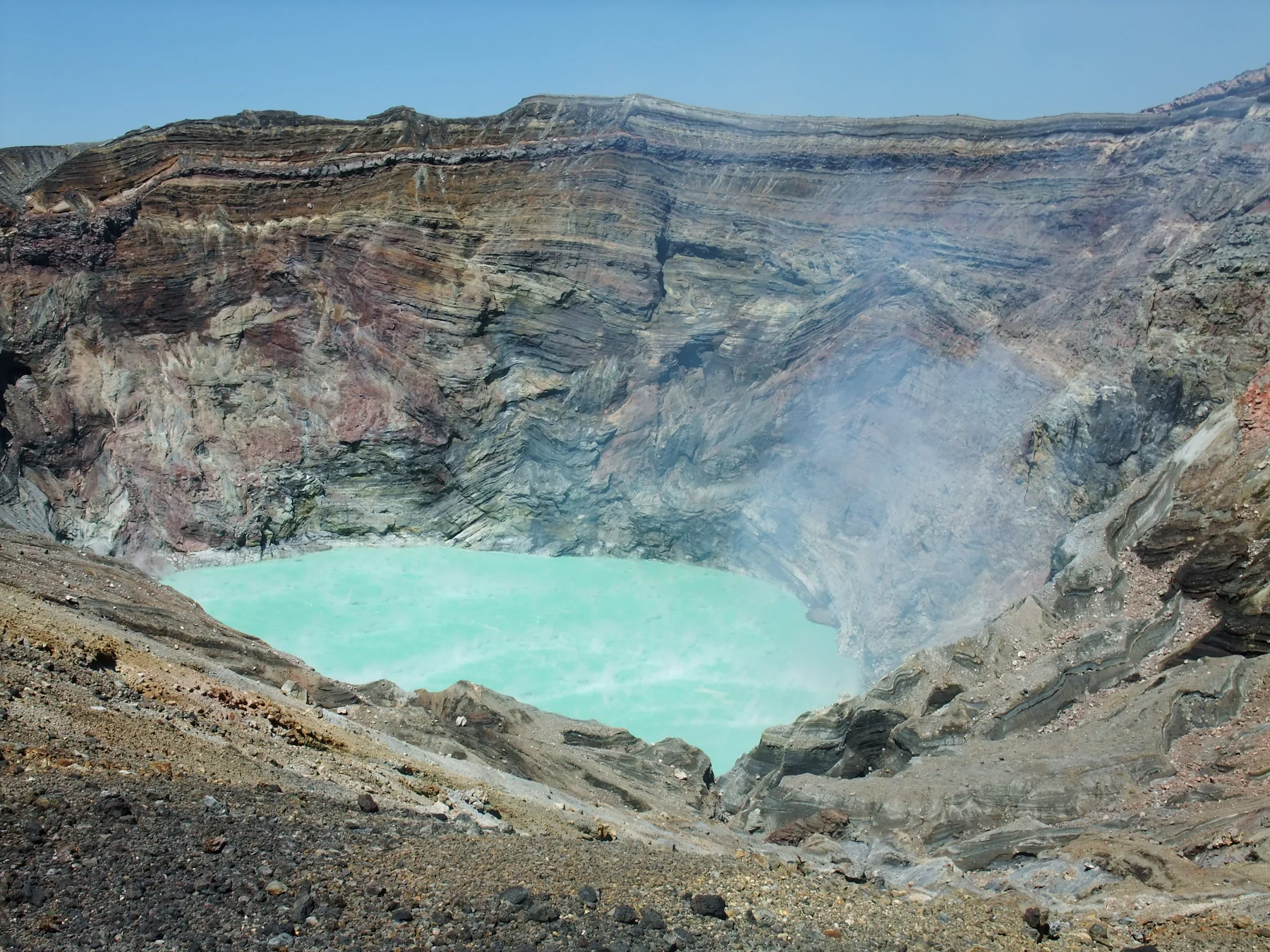 阿蘇中岳火口の火口湖と火山の岩肌